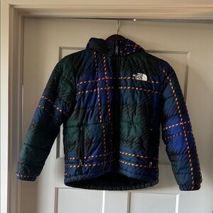The North Face Kids' Blue and Green Checkered Puffer Jacket. Size Medium.